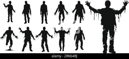 Zombie debout et les actions de marche dans la collection de style Silhouette. Toute la longueur des gens ressuscités des morts isolés sur blanc. Illustration de Vecteur