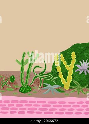 Beautiful postcard with cactuses composition. Stylish Mexican landscape, decorative exotical plants home garden. Vector illustration Illustration de Vecteur
