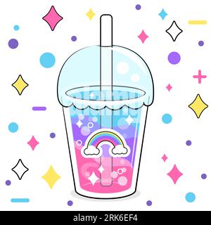 Un verre de dessin animé mignon avec une boisson et un autocollant arc-en-ciel. Illustration vectorielle d'une boisson colorée sur un fond blanc avec des étoiles colorées, des points. Illustration de Vecteur