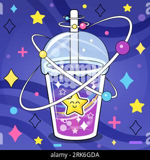 Un verre de dessin animé mignon avec une boisson de l'espace et un autocollant d'étoile. Illustration vectorielle d'une boisson colorée sur un fond bleu foncé avec des étoiles colorées. Illustration de Vecteur