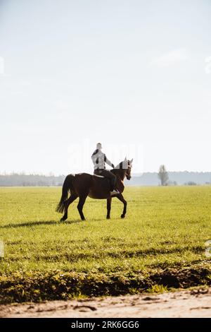 A vertical of a man riding a horse in a green, vast field on a sunny day Stock Photo