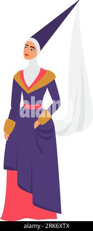 Princesse de mode médiévale. Robes traditionnelles dans l'illustration vectorielle de dessin animé de la société médiévale Illustration de Vecteur