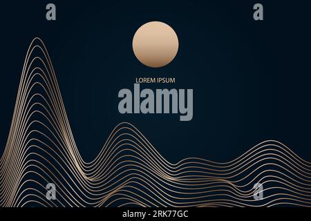 Montagnes abstraites linéaires dorées sur fond sombre, Lune sur fond de collines linéaires ondulées. Motifs asiatiques. Bannière vectorielle Illustration de Vecteur