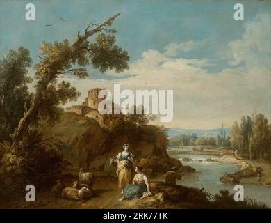 Paysage fluvial avec deux femmes de campagne et quatre moutons sur une route sinueuse, un pêcheur et des bâtiments de ferme autour d'une vieille tour ronde à mi-distance entre 1729 et 1781 par Giuseppe Zais Banque D'Images