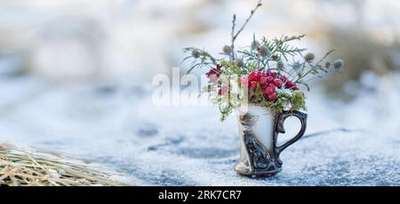 Décorations de Noël, bouquet hivernal de rowan et brindilles dans la neige, composition, bannière de Noël Banque D'Images