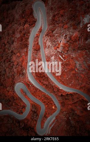 A top-down aerial view of a curvy road cutting through a vibrant red forest. Stock Photo