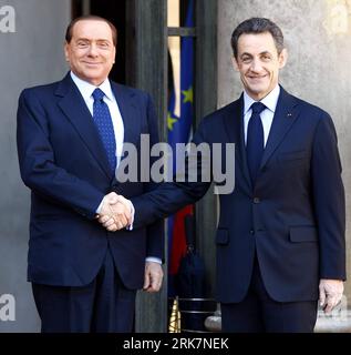 Bildnummer: 53930474  Datum: 09.04.2010  Copyright: imago/Xinhua (100410) -- PARIS, April 10, 2010 (Xinhua) -- French President Nicolas Sarkozy (R) receives Italian Prime Minister Silvio Berlusconi before the France-Italy Summit at the Elysee Palace, Paris, capital of France, April 9, 2010. The two leaders presided the signing of 20 agreements, letter of intents and joint declarations on Friday. (Xinhua/Zhang Yuwei) (msq) (9)FRANCE-ITALY-SUMMIT PUBLICATIONxNOTxINxCHN People Politik kbdig xmk 2010 quadrat Highlight premiumd xint     Bildnummer 53930474 Date 09 04 2010 Copyright Imago XINHUA  Pa Stock Photo