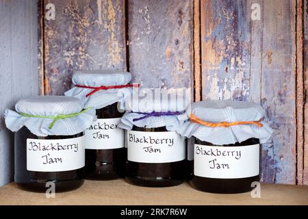 Pots fraîchement préparés de confiture de mûres maison, avec des étiquettes manuscrites et des toppers en tissu placés sur une étagère dans un placard en bois rustique Banque D'Images