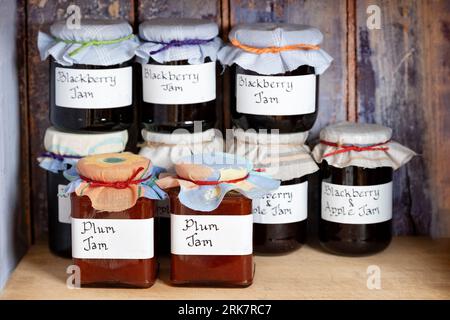 Pots assortis de prune maison, confitures de mûres, avec étiquettes manuscrites et toppers en tissu placés sur une étagère dans un placard en bois rustique Banque D'Images