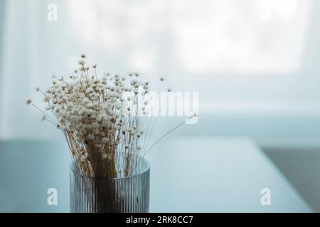 Un vase en céramique blanche rempli d'un paquet de tiges d'herbe séchée assis sur une surface de table en bois Banque D'Images