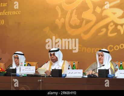 Bildnummer: 54043083  Datum: 12.05.2010  Copyright: imago/Xinhua (100512) -- DOHA, May 12, 2010 (Xinhua) -- Qatar s Deputy Premier and Minster of Energy and Industry Abdullah bin Hamad al Attiyah (C) addresses the closing of the Ninth Arab Energy Conference along with Abdlatif Y. al-Hamad (L), director general of Arab Fund for Economic and Social Development (AFESD) and Abbas Ali Naqi, secretary general of the Organization of Arab Petroleum Exporting Countries (OAPEC) in Doha, capital of Qatar on May 12, 2010. (Xinhua/Maneesh Bakshi) (yy) QATAR-DOHA-9TH ARAB ENERGY CONFERENCE PUBLICATIONxNOTxI Stock Photo