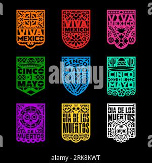 Papel mexicain de vacances picado drapeaux et bannières découpés en papier pour fiesta, décorations vectorielles. Viva Mexico, Cinco de Mayo et Dia de Los Muertos vacances ou Illustration de Vecteur