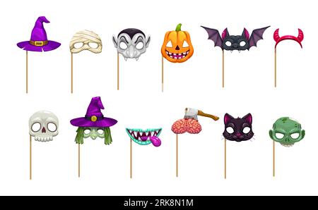 Masques et accessoires de cabine de photo de dessin animé halloween. Ensemble de vecteur isolé de chapeau de sorcière et visage, vampire, momie et citrouille. Chauve-souris, cornes de diable, crâne et mons Illustration de Vecteur