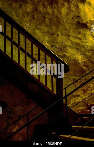 Escalier en bois dans une ancienne cave effrayante Banque D'Images