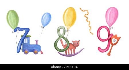 Numéros de 7 à 9 avec des jouets en bois pour enfants et des ballons de couleurs. Train, chat, hochet, pouf, rubans. Illustration aquarelle isolée sur fond blanc Banque D'Images