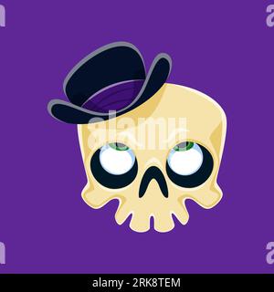 Personnage emoji crâne de dessin animé Halloween. Émoticône crânien vectoriel isolé avec un large sourire caricaturalement effrayant le visage. Porter un chapeau de bol et Illustration de Vecteur