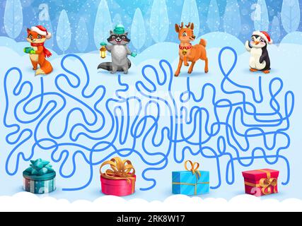 Jeu de labyrinthe d'enfants de Noël. Aidez les animaux à trouver un cadeau. Trouver le moyen pour les enfants quiz, chemin de recherche de la feuille de travail de jeu de vecteur de labyrinthe avec Fox, racco Illustration de Vecteur