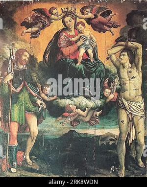 Madonna incoronata col Bambino e i santi Rocco e Sebastiano 1566 by Ercole Ramazzani Stock Photo