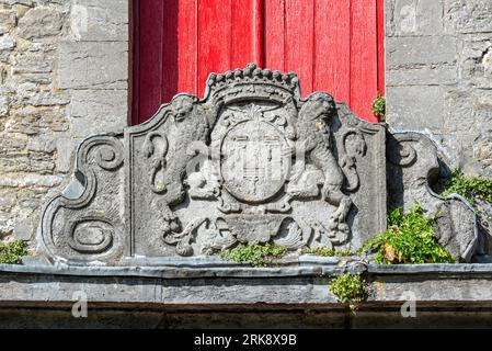 Coat of arms in stone above the entrance gate of 12th century Ecaussinnes-Lalaing Castle / Château d'Écaussinnes-Lalaing, Hainaut, Wallonia, Belgium Banque D'Images