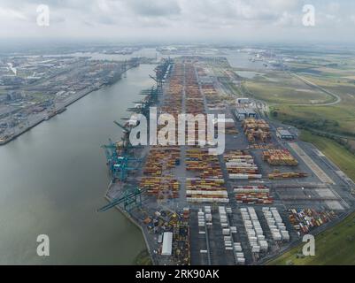 Antwerpen, 12 août 2023, Belgique. Aperçus aériens dans les terminaux à conteneurs Deurganckdok d'Anvers Banque D'Images