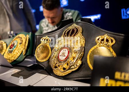 Wroclaw, Poland. 24th Aug, 2023. belt during the press conference before the boxing fight for the WBA, WBO, IBF, IBO belts between Oleksandr Usyk (UKR) vs Daniel Dubois (GBR) in Wroclaw, Poland, August 24, 2023.(Photo by Mateusz Porzucek/PressFocus/Sipa USA) Credit: Sipa USA/Alamy Live News Stock Photo