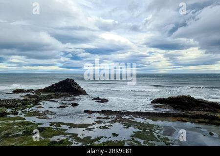 Une plage rocheuse avec des bergs sur l'Islande dans des vents forts avec Surf puissant Banque D'Images