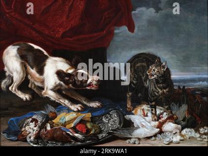 Un chat et un chien se battant sur la volaille entre 1659 et 1701 par David de Coninck Banque D'Images