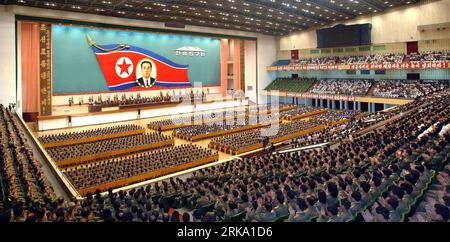 Bildnummer: 54253700  Datum: 26.07.2010  Copyright: imago/Xinhua (100726) -- PYONGYANG, July 26, 2010 (Xinhua) -- A national meeting marking the 57th anniversary of the victory in the Korean War is held at the Pyongyang Indoor Stadium July 26, 2010. Kim Yong Chun, vice-chairman of the National Defense Commission of North Korea (DPRK) and minister of the People s Armed Forces, said Monday that the DPRK is to further bolster its nuclear deterrence to cope with increasing nuclear threat of the United States, according to the official news agency KCNA. (Xinhua/KCNA) (nxl) DPRK-PYONGYANG-NUCLEAR DE Stock Photo