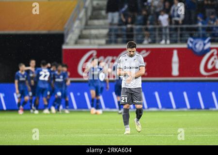 Gent, Belgium. 24th Aug, 2023. Apoel's Tomane looks dejected during a soccer game between Belgian KAA Gent and Cypriot APOEL FC Nicosia, Thursday 24 August 2023 in Gent, the first leg of the play-offs for the UEFA Europa Conference League competition. BELGA PHOTO TOM GOYVAERTS Credit: Belga News Agency/Alamy Live News Banque D'Images