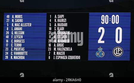 Brussels, Belgium. 24th Aug, 2023. Illustration picture shows the scoreboard after a soccer game between Belgian Royale Union Saint Gilloise and Swiss FC Lugano, Thursday 24 August 2023 in Brussels, the first leg of the play-off for the UEFA Europa League competition. BELGA PHOTO DAVID PINTENS Credit: Belga News Agency/Alamy Live News Banque D'Images