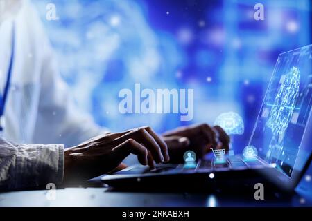 Employé utilisant le système d'IA ingérant de grandes quantités de données de formation étiquetées d'apprentissage automatique, analysant les corrélations et les modèles pour faire des prédictions pour les achats en ligne et les charges de travail des médias sociaux Banque D'Images