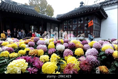 Bildnummer : 54662104 Datum : 21.11.2010 Copyright : imago/Xinhua (101121) -- SUZHOU, 21 novembre 2010 (Xinhua) -- les touristes passent par des fleurs de chrysanthème dans le jardin de Lion Grove, un célèbre jardin chinois classique, à Suzhou, dans la province de Jiangsu de l'est de la Chine, le 21 novembre 2010. Les paysages d'automne sont restés à Suzhou sur Sudnay car de nombreuses villes en Chine ont connu une chute soudaine de la température. (Xinhua/Hang Xingwei) (zn) CHINA-JIANGSU-SUZHOU-AUTUMN-SCENERY (CN) PUBLICATIONxNOTxINxCHN Reisen China Asien kbdig xdp 2010 quer o0 Blumen Chrysanthemen Pflanzen Bildnummer 54662104 Date 21 11 2010 Copyright Imago XINHUA Banque D'Images