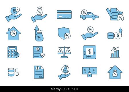 Icône ensemble de crédit et de prêt. Contient des icônes de crédit, prêt, crédit-bail, prêt hypothécaire, etc. Adapté à la conception de site Web, application, interfaces utilisateur, imprimable, etc Plat Illustration de Vecteur