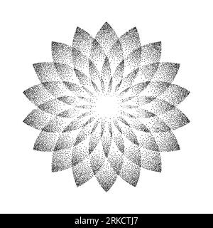 Fond de fleur de stipple. Mandala orné de pois. Forme du grain de bruit. Décoration abstraite de pétales floraux noirs. Conception radiale de motif dotwork pour tatouage, affiche, vêtements, badge, autocollant. Vecteur Illustration de Vecteur