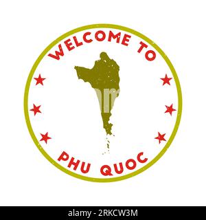 Bienvenue à Phu Quoc Stamp. Timbre rond d'île grunge avec texture dans le thème de couleur Chicken Comb. Joint géométrique Phu Quoc de style vintage. Vecteur moderne il Illustration de Vecteur