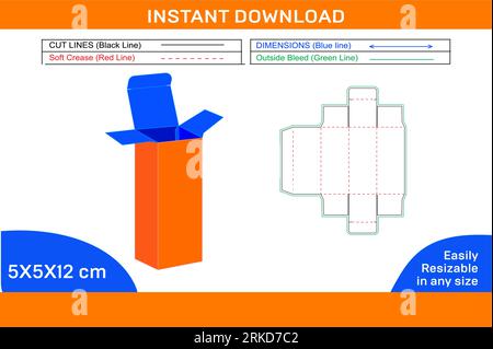 Modèle de ligne de découpe de boîte de papier à extrémité repliée droite et boîte de couleur modifiable et modifiable de boîte 3D. Illustration de Vecteur