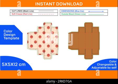 Modèle de ligne de découpe de boîte de papier à extrémité repliée droite et boîte de couleur modifiable et modifiable de boîte 3D. Illustration de Vecteur