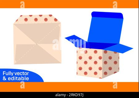 Boîte cubique boîte de fermeture automatique du fond boîte 2,5 x 2,5 x 2,5 modèle de boîte s'adapte sur la boîte 3D de papier de format A4 Illustration de Vecteur
