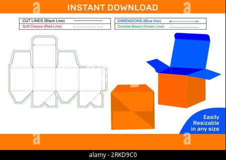 Boîte cubique boîte de fermeture automatique du fond boîte 2,5 x 2,5 x 2,5 modèle de boîte s'adapte sur la ligne de découpe de boîte de format A4 et la boîte 3D. Illustration de Vecteur