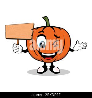 Mascotte de citrouille souriante tenant Une affiche en bois vierge Illustration de Vecteur