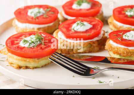 Courgettes dans une pâte à œufs servies avec sauce tzatziki et tomates fraîches en gros plan dans une assiette sur la table. horizontal Banque D'Images