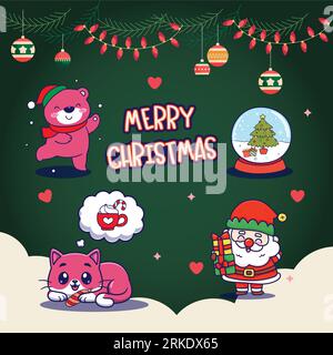 Joyeux Noël et bonne année carte de voeux avec Père Noël, renard, chat et boule à neige. Illustration de Vecteur