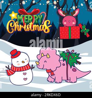 Carte de voeux Joyeux Noël avec des animaux de bande dessinée mignons. Illustration vectorielle. Illustration de Vecteur