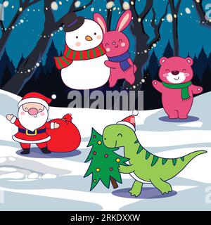 Père Noël, bonhomme de neige, ours et pingouin dans la forêt d'hiver Illustration de Vecteur