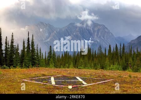 Site d'atterrissage de l'héliport d'hélicoptère dans Green Grass Meadow, couvert de nuages Rocky Mountain Peak. Paysage panoramique de Kananaskis Fire Lookout Alberta Canada Banque D'Images