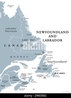 Terre-Neuve-et-Labrador, carte politique grise. Province du Canada, dans la région de l'Atlantique. Avec capitale St. Johns, Terre-Neuve-et-Labrador. Banque D'Images