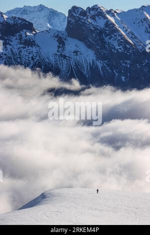 FRANCE. HAUTES-ALPES (05). MASSIF DU DEVOLUY : RANDONNÉE SUR LES PENTES DU TETE D'ORIOL (2334M), VUE SUR LA MONTAGNE DE FARAUT (2362M) Banque D'Images