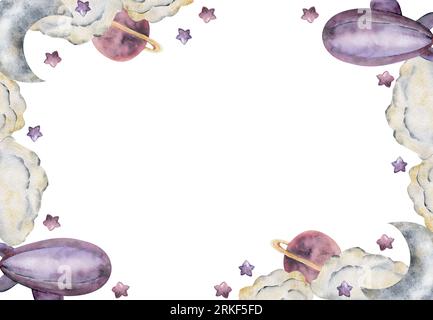 Aquarelle illustration dessinée à la main, univers cosmos magique, nuages, planètes étoiles, ballon dirigeable. Cadre de couronne de cercle isolé sur fond blanc Banque D'Images