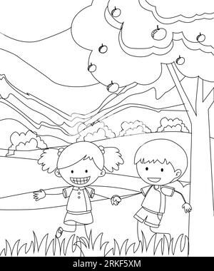 Enfants jouant dans la page de livre de coloriage de jardin. Page de coloriage en noir et blanc vectoriel. Illustration de Vecteur