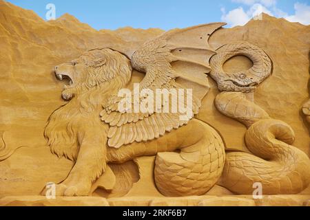 Sondervig, Danemark, 21 mai 2023 : Sand Sculpture Festival. Chimère Banque D'Images